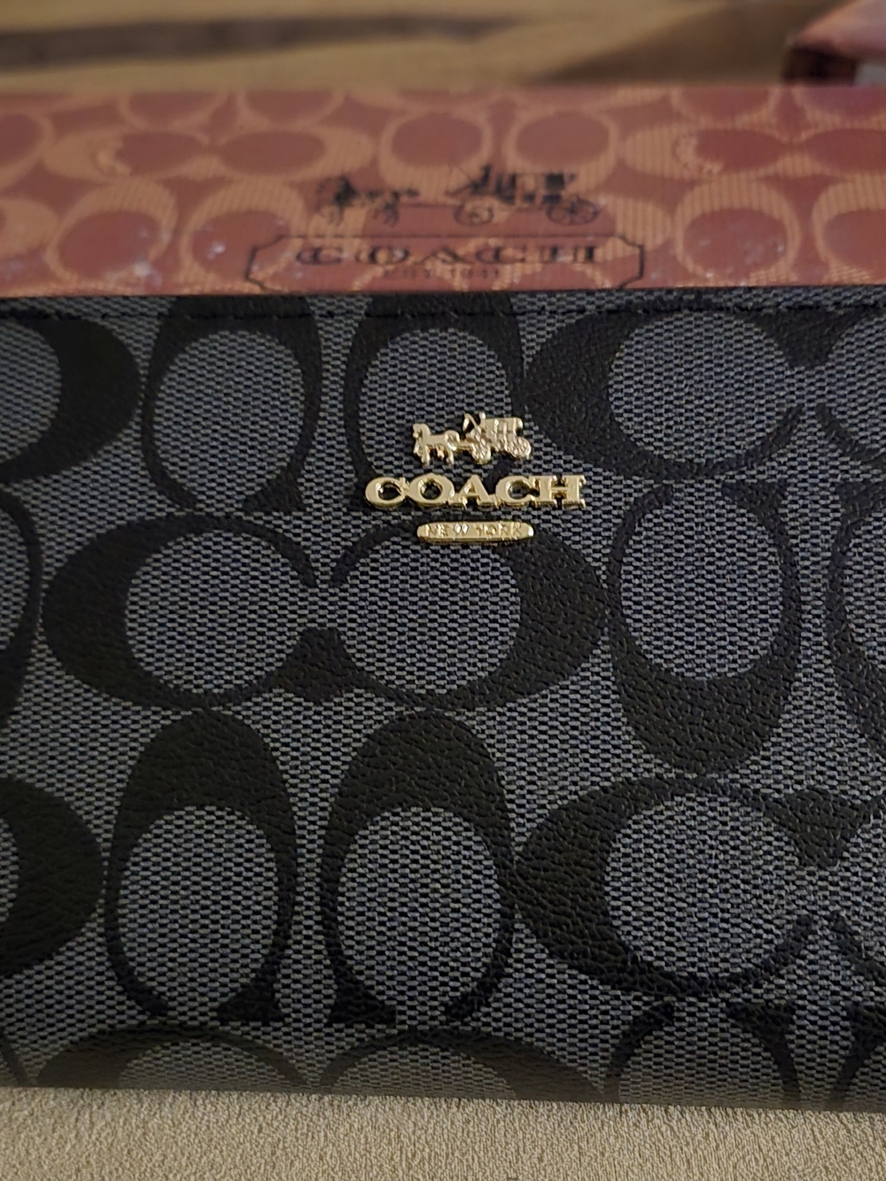 Coach Black and Gray Signature Continental Wallet